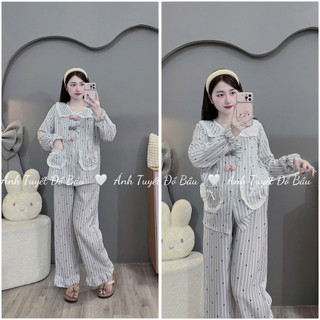 Bộ bầu - bộ sau sinh - BỘ DÀI VÂN MÂY CỔ SEN 3 NƠ HAI TÚI-3 MÀU ,ÁO CÓ KHÓA KÉO HAI BÊN & QUẦN CÓ CHUN CHỈNH