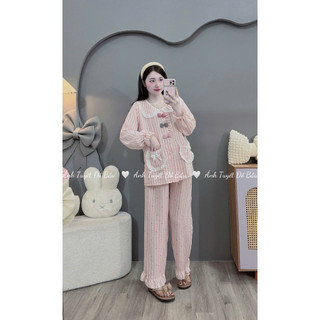 Bộ bầu - bộ sau sinh - BỘ DÀI VÂN MÂY CỔ SEN 3 NƠ HAI TÚI-3 MÀU ,ÁO CÓ KHÓA KÉO HAI BÊN & QUẦN CÓ CHUN CHỈNH
