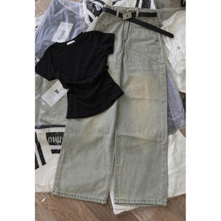 Set bộ áo bbt trơn mix quần xuông jean xanh trơn dành cho nữ