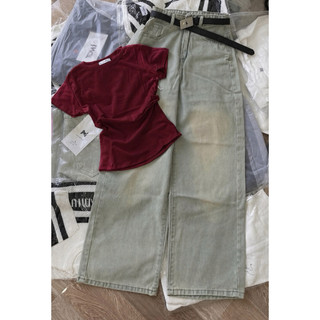 Set bộ áo bbt trơn mix quần xuông jean xanh trơn dành cho nữ