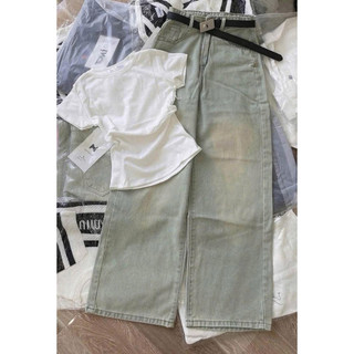 Set bộ áo bbt trơn mix quần xuông jean xanh trơn dành cho nữ