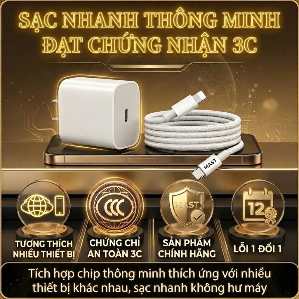 Bộ Sạc Nhanh Chính Hãng MAST Dành Cho IPHONE 6-17PROMAX.Cáp Bọc Dù Cao Cấp An Toàn Cho Điện Thoai