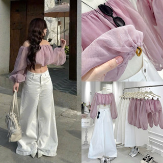 SEP House - Set áo tơ crop trễ vai dáng bí tay dài bồng bềnh phối quần dài ống rộng trắng trẻ trung thanh lịch -ảnh thật