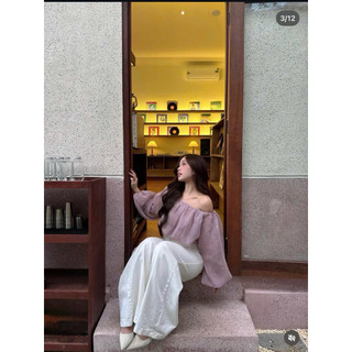 SEP House - Set áo tơ crop trễ vai dáng bí tay dài bồng bềnh phối quần dài ống rộng trắng trẻ trung thanh lịch -ảnh thật