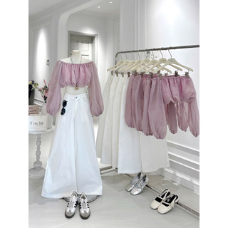 SEP House - Set áo tơ crop trễ vai dáng bí tay dài bồng bềnh phối quần dài ống rộng trắng trẻ trung thanh lịch -ảnh thật