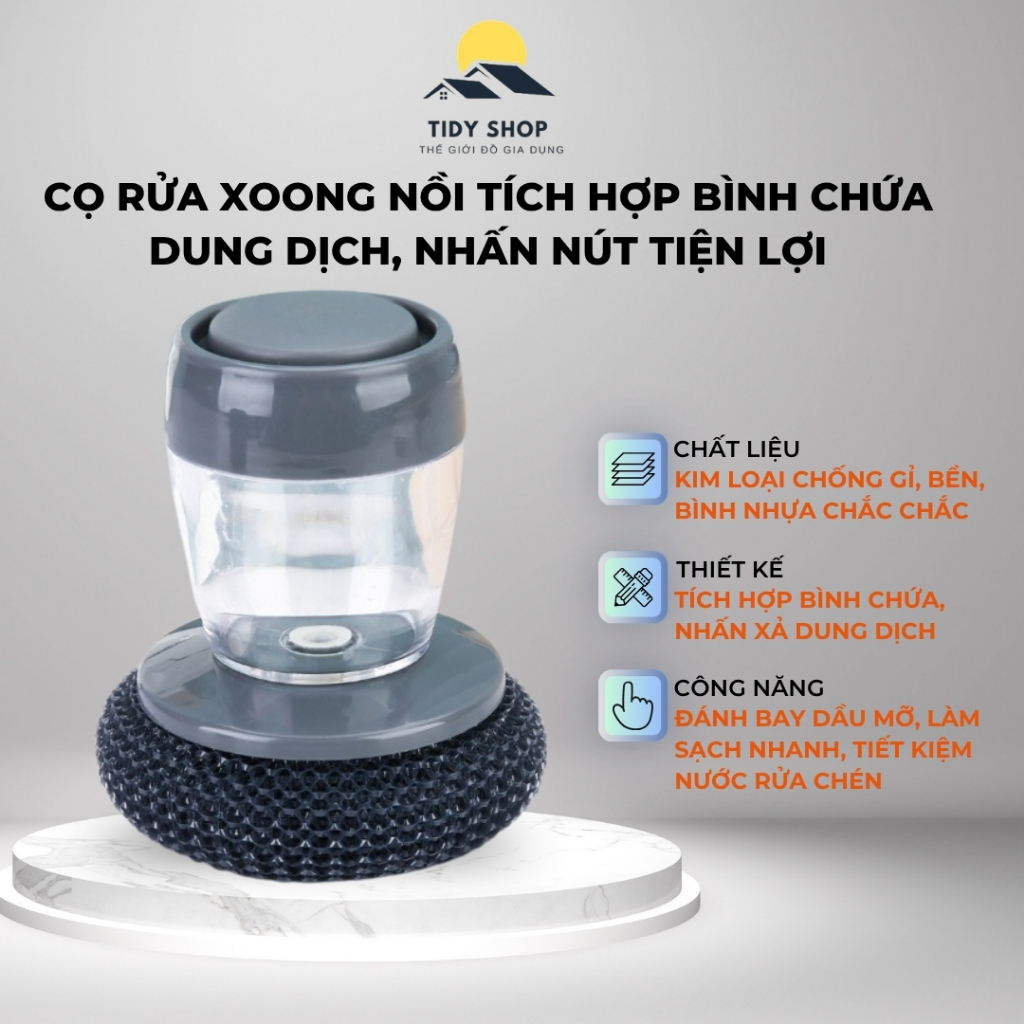 Cọ Rửa Xoong Nồi Tích Hợp Bình Chứa Nước Rửa Chén, TIDY SHOP, Bàn Chải Rửa Bát Nhấn Nút Tiện Lợi, Thông Minh