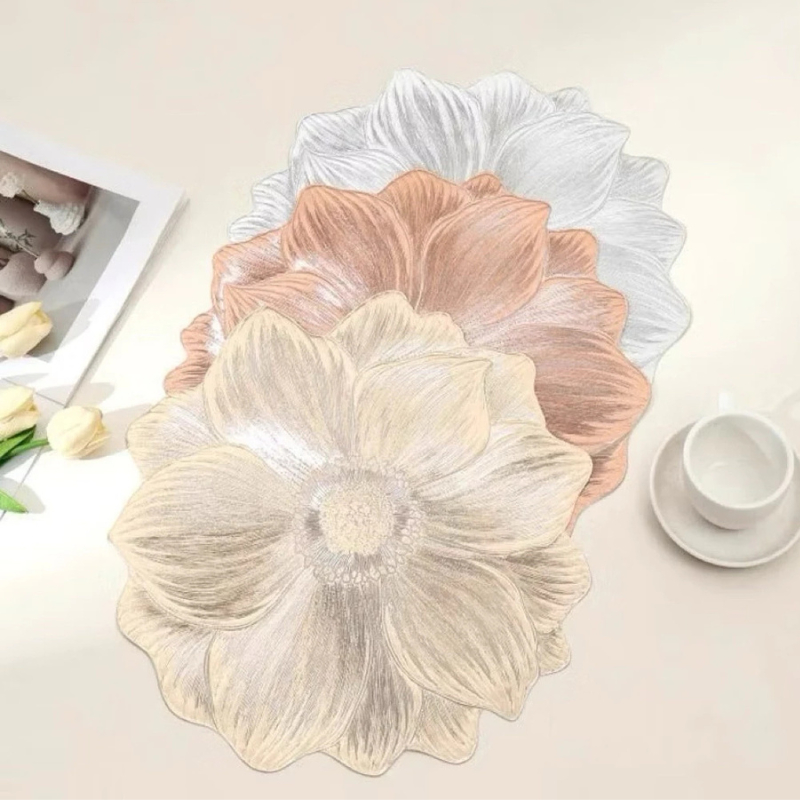 Tấm Lót Bàn Ăn, Bình Hoa PVC Hình Bông Hoa Bronzing Ánh Kim – Thảm Lót Bàn Placemat Sang Trọng Phong Cách Châu Âu |347