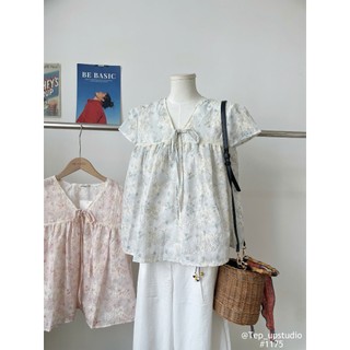 Áo Babydoll Tơ Hoa Cổ V Tay Bồng Thanh Lịch Nhẹ Nhàng 3 Màu Xanh Cam Hồng Xinh Xắn