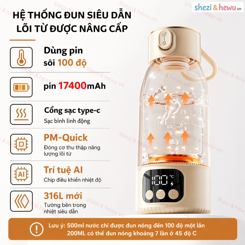 SHEZI [Sưởi không dây 100 độ] Sạc USB 35-100° có thể điều chỉnh tự do Ấm đun nước điện 17400mAh