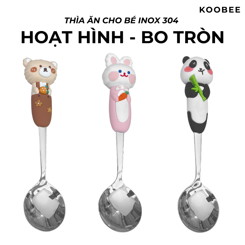 Thìa ăn dặm cho bé Inox 304 cao cấp KOOBEE tay cầm hoạt hình miệng tròn dùng ăn cơm cháo, sữa chua, váng sữa | 131