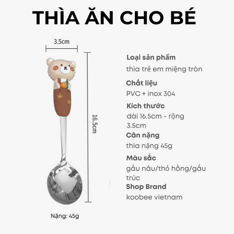 Thìa ăn dặm cho bé Inox 304 cao cấp KOOBEE tay cầm hoạt hình miệng tròn dùng ăn cơm cháo, sữa chua, váng sữa | 131