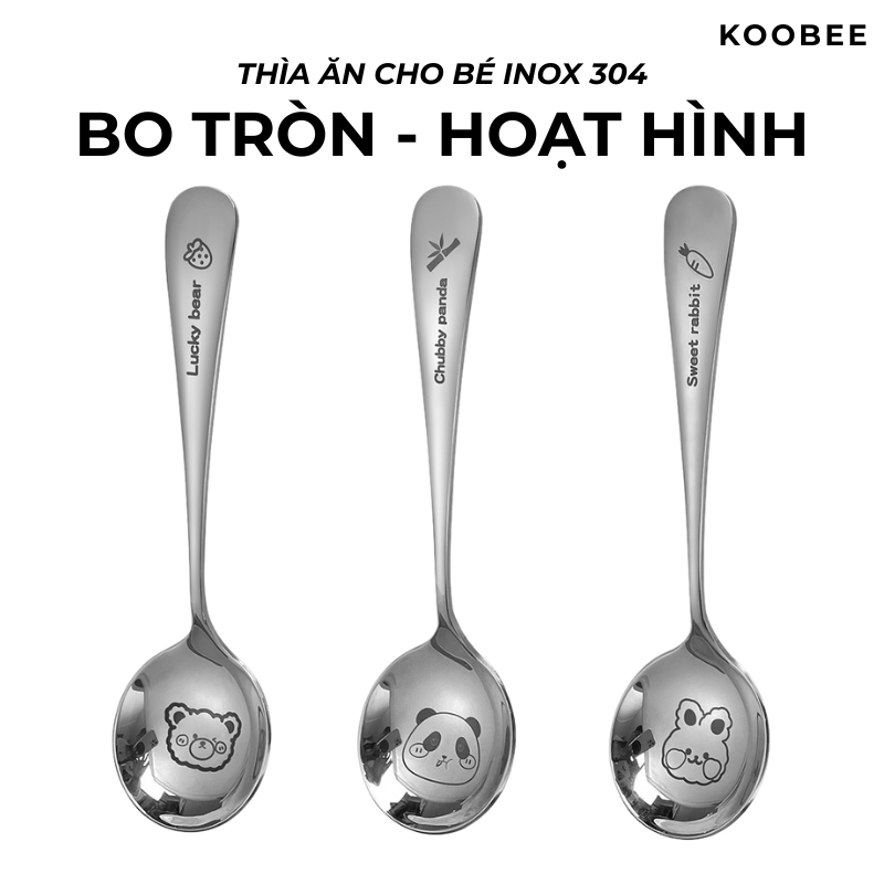 Thìa Inox 304 Ăn Dặm Cho Bé KOOBEE Dài 16cm Miệng Tròn 4.5cm An Toàn Không Gỉ Sét Sáng Bóng Họa Tiết Dễ Thương | 296