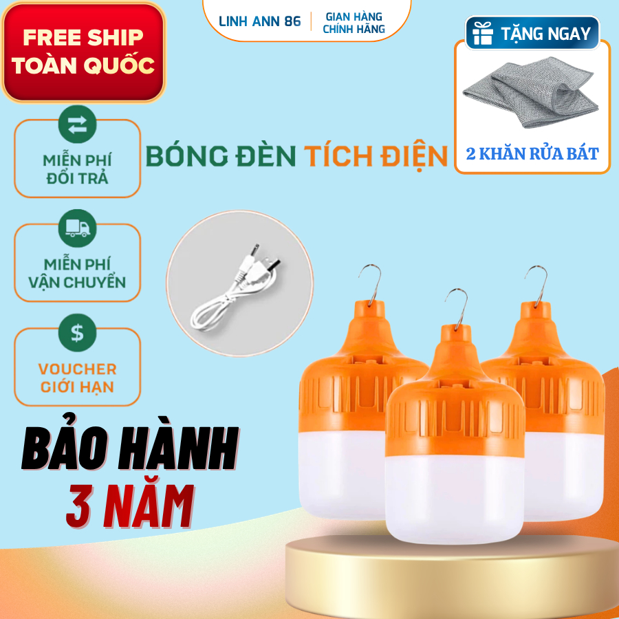 Bóng Đèn Tích Điện Công Suất 200W, Chống Nước, Sạc USB tiện lợi, Siêu Sáng, có móc treo tiện lợi.