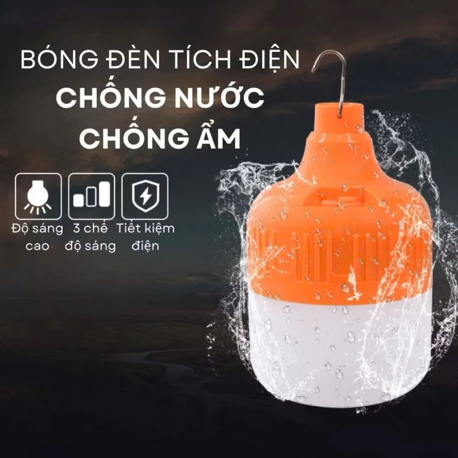 Bóng Đèn Tích Điện Công Suất 200W, Chống Nước, Sạc USB tiện lợi, Siêu Sáng, có móc treo tiện lợi.