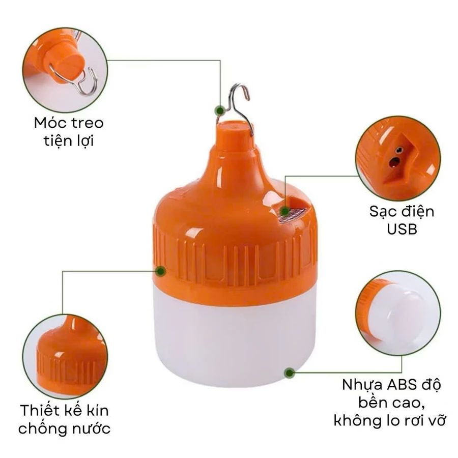 Bóng Đèn Tích Điện Công Suất 200W, Chống Nước, Sạc USB tiện lợi, Siêu Sáng, có móc treo tiện lợi.