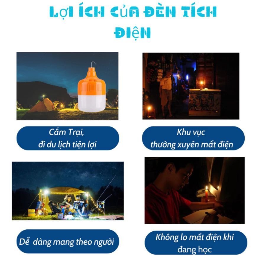Bóng Đèn Tích Điện Công Suất 200W, Chống Nước, Sạc USB tiện lợi, Siêu Sáng, có móc treo tiện lợi.