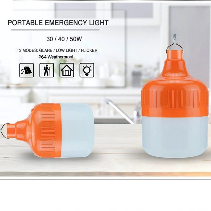 Bóng Đèn Tích Điện Công Suất 200W, Chống Nước, Sạc USB tiện lợi, Siêu Sáng, có móc treo tiện lợi.