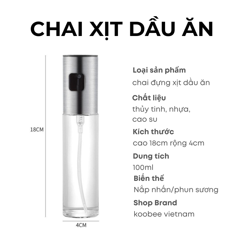 Bình Xịt Dầu Ăn Phun Sương 100ml KOOBEE – Phun Mịn, Tiết Kiệm Dầu, Dùng Cho Nồi Chiên Không Dầu (NB09)
