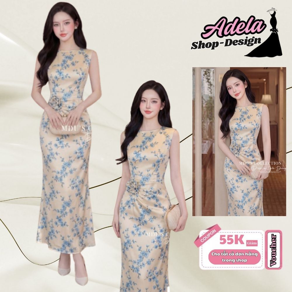 Váy Thiết Kế ADELA DESIGN Lụa Satin Cao Cấp Cổ Thuyền Nhún Eo Lệch Đính Hoa Thủ Công MDU6147
