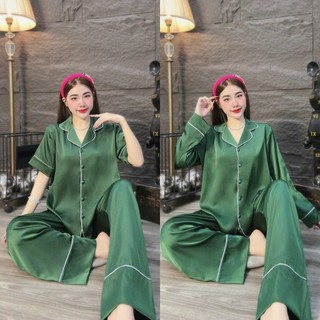 Đồ Bộ Pijama Màu Xanh Rêu ,Viền Trắng ,Nút Bọc , Có 2 Size: (45-75kg) Lụa Latin Lụa Mịn Tơ Tắm,Nữ Mặc Bốn Mùa