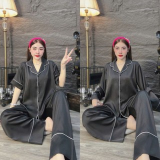 Đồ Bộ Pijama Nữ Màu Đen Viền Trắng ,Nút Bọc,Có 2 Size Từ 45-75kg , Lụa Latin Lụa Mịn Tơ Tằm ,Quần Dài Tay Ao Dài ,Ngắn,