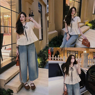 Áo babydoll cổ tròn buộc nơ họa tiết chấm bi xinh xắn LAVIAN A129