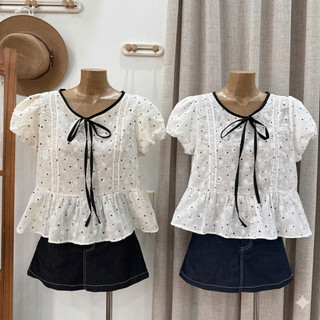 Áo babydoll cổ tròn buộc nơ họa tiết chấm bi xinh xắn LAVIAN A129