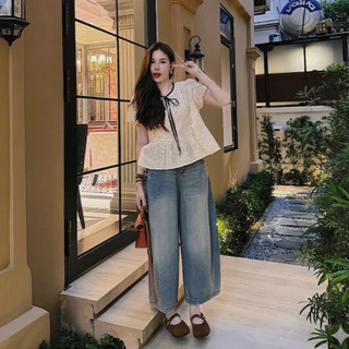 Áo babydoll cổ tròn buộc nơ họa tiết chấm bi xinh xắn LAVIAN A129