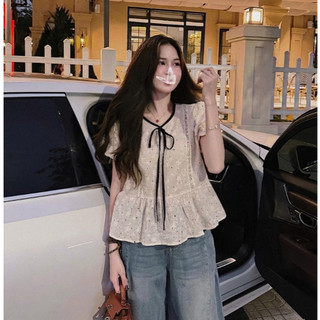 Áo babydoll cổ tròn buộc nơ họa tiết chấm bi xinh xắn LAVIAN A129