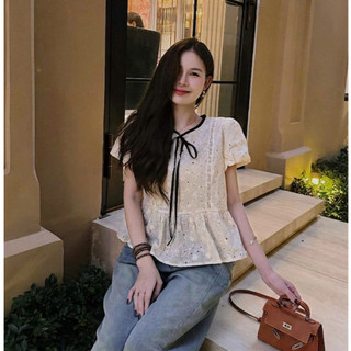 Áo babydoll cổ tròn buộc nơ họa tiết chấm bi xinh xắn LAVIAN A129