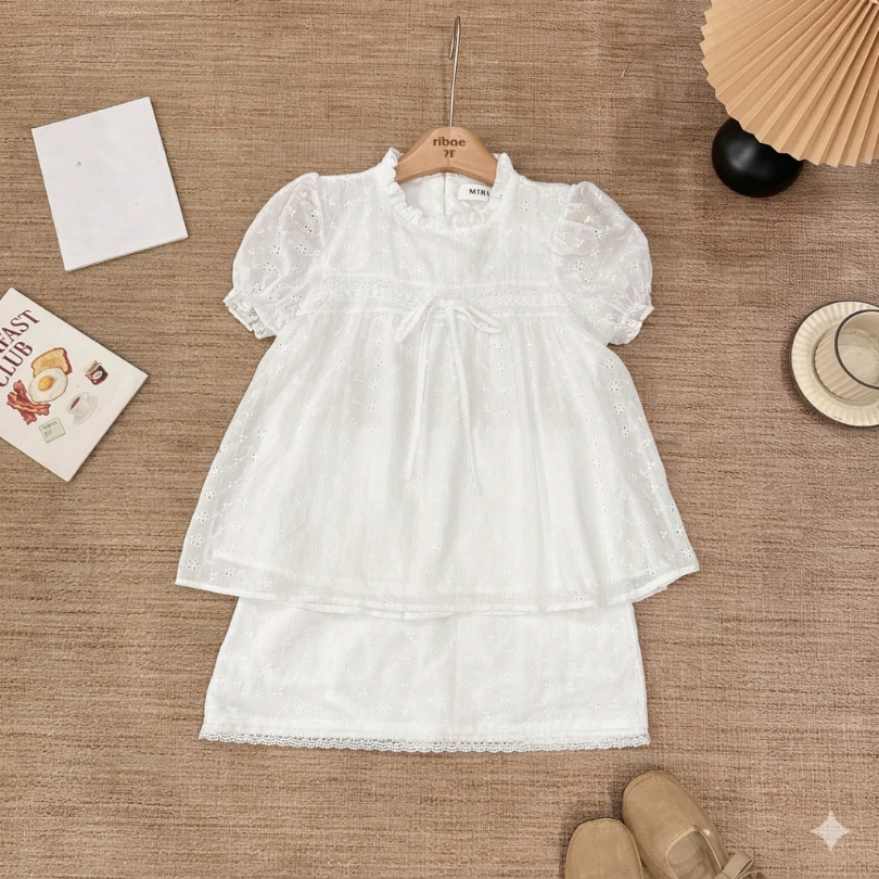 Set bộ babydoll chất thô boill tay bồng phối nơ kèm chân váy MUZA S62