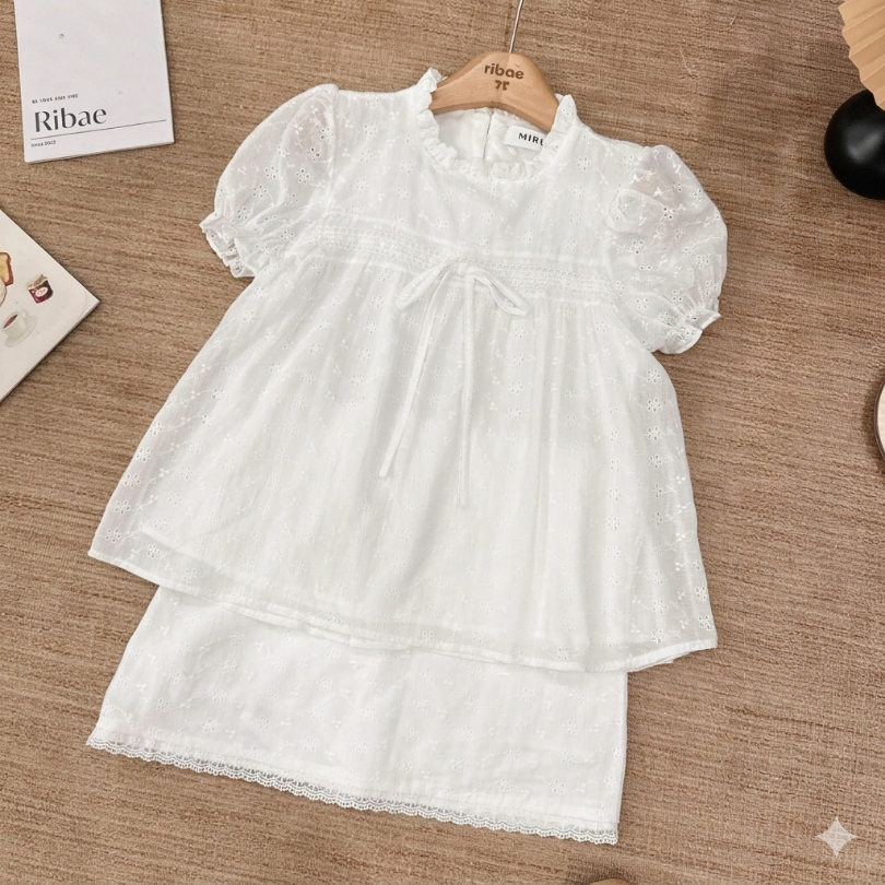 Set bộ babydoll chất thô boill tay bồng phối nơ kèm chân váy MUZA S62