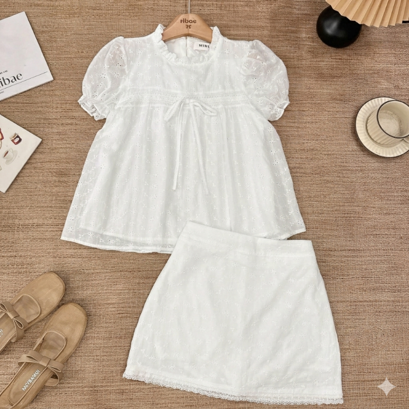 Set bộ babydoll chất thô boill tay bồng phối nơ kèm chân váy MUZA S62
