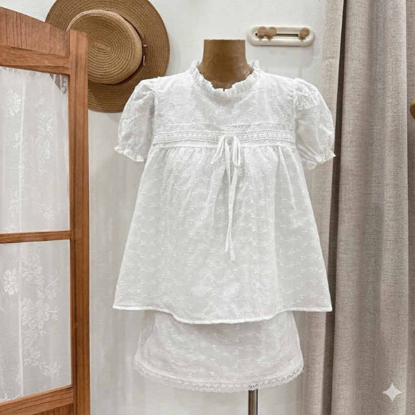 Set bộ babydoll chất thô boill tay bồng phối nơ kèm chân váy MUZA S62