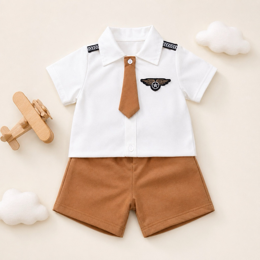 Bộ đồ trang phục cơ trưởng màu đen và màu nâu kèm cà vạt cho bé