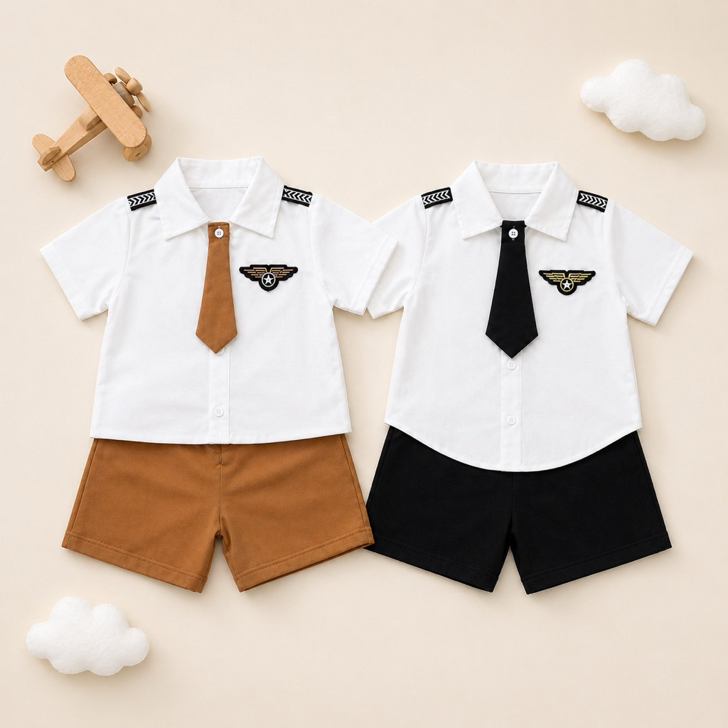 Bộ đồ trang phục cơ trưởng màu đen và màu nâu kèm cà vạt cho bé