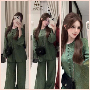 Set bà ba cúc bọc chất liệu tằm ánh kim vân THỌ, Pháp phục đi chùa dáng rộng phú bà sang chảnh điệu đà | Đồ Lam An Nhiên