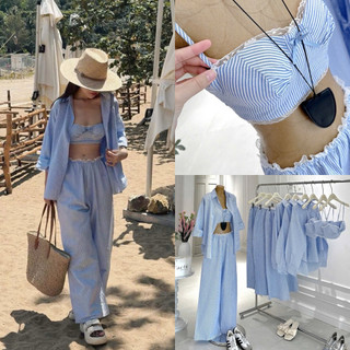 SEP House - Set 3 món kẻ sọc xanh áo bra 2s viền ren lưng mocking kèm khoác sơmi tay dài phối quần dài lưng chun đi biển