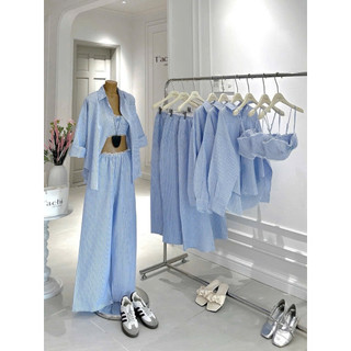 SEP House - Set 3 món kẻ sọc xanh áo bra 2s viền ren lưng mocking kèm khoác sơmi tay dài phối quần dài lưng chun đi biển