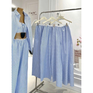 SEP House - Set 3 món kẻ sọc xanh áo bra 2s viền ren lưng mocking kèm khoác sơmi tay dài phối quần dài lưng chun đi biển