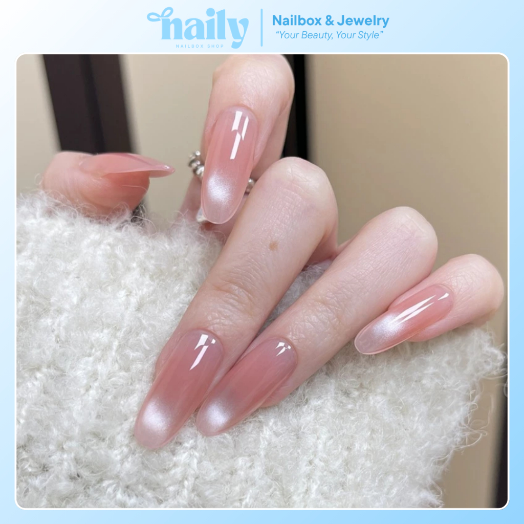 Móng tay giả, nail box 24 móng dáng dài sơn ombre hồng gắn charm nơ trong suốt siêu dễ thương| TẶNG KÈM KEO❤️