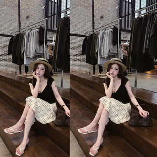 Outfit đi du lịch nữ áo dây đen chân váy chấm bi xòe dài cực kỳ tôn dáng