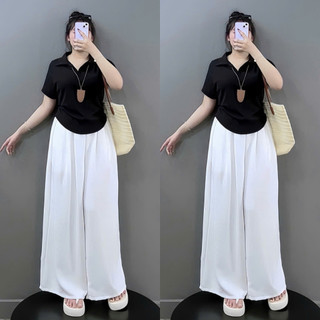 SET Đồ Bộ Bigsize Nữ Áo Polo Cổ Bẻ Kèm Quần Suông Ống Rộng Mềm Mát Cho Chubby G120+Q564