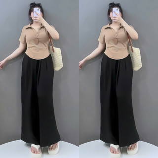 SET Đồ Bộ Bigsize Nữ Áo Polo Cổ Bẻ Kèm Quần Suông Ống Rộng Mềm Mát Cho Chubby G120+Q564