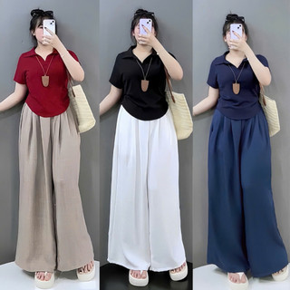 SET Đồ Bộ Bigsize Nữ Áo Polo Cổ Bẻ Kèm Quần Suông Ống Rộng Mềm Mát Cho Chubby G120+Q564