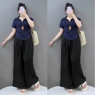 SET  Áo Quần Bigsize Nữ Thanh Lịch Áo Polo Dáng Ôm Kèm Quần Đũi Vân Mây Cho Chubby G120 + Q564