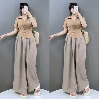 SET Đồ Bộ Bigsize Nữ Áo Polo Cổ Bẻ Kèm Quần Suông Ống Rộng Mềm Mát Cho Chubby G120+Q564