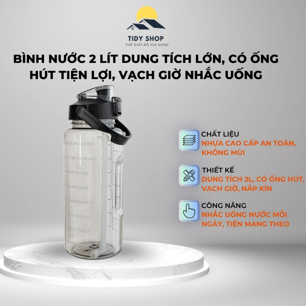 Bình 2L Có Ống Hút Cao Cấp, Dung Tích Lớn Vạch Giờ Nhắc Uống, TIDY SHOP, Thiết Kế Thể Thao Nắp Kín Tiện Mang Theo