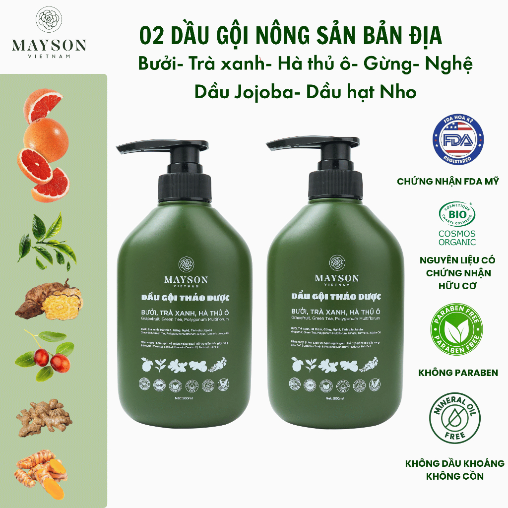 02 Dầu Gội Thảo Dược Bưởi - Hà Thủ Ô - Trà Xanh - Gừng - Nghệ MaySon