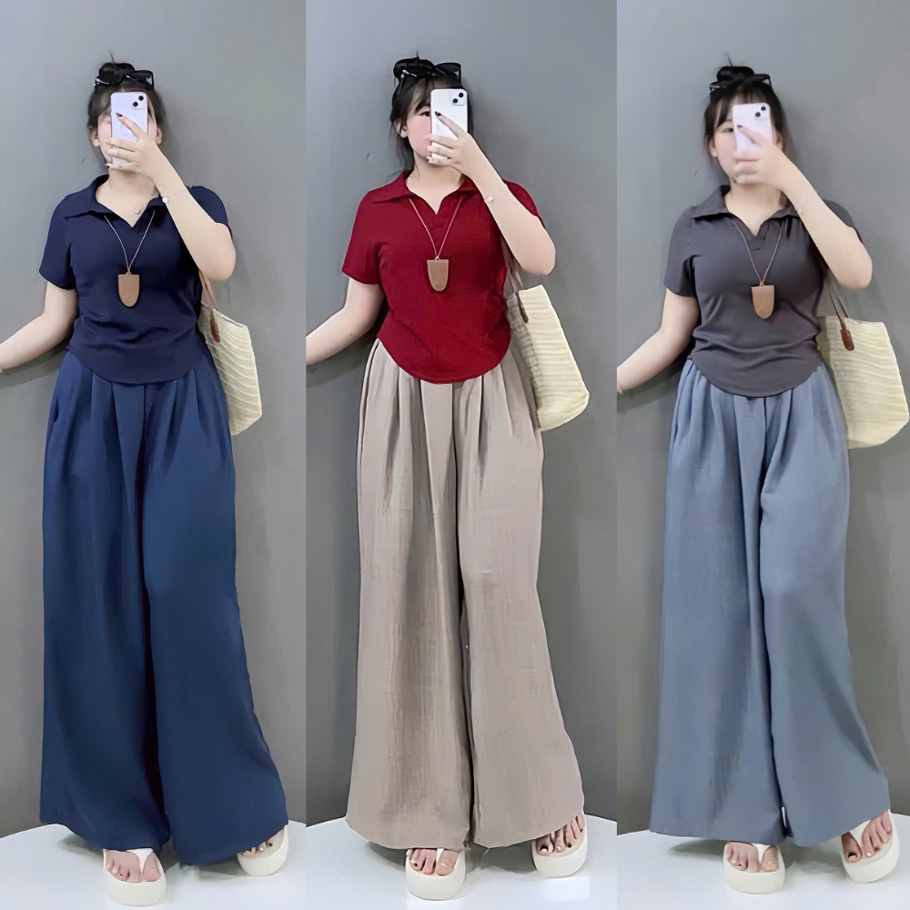 Áo Thun Kiểu Cổ Bẻ Bigsize Nữ Gân Tăm Kèm Quần Dài Ống Rộng Nhẹ Mát Thoải Mái G120+Q564